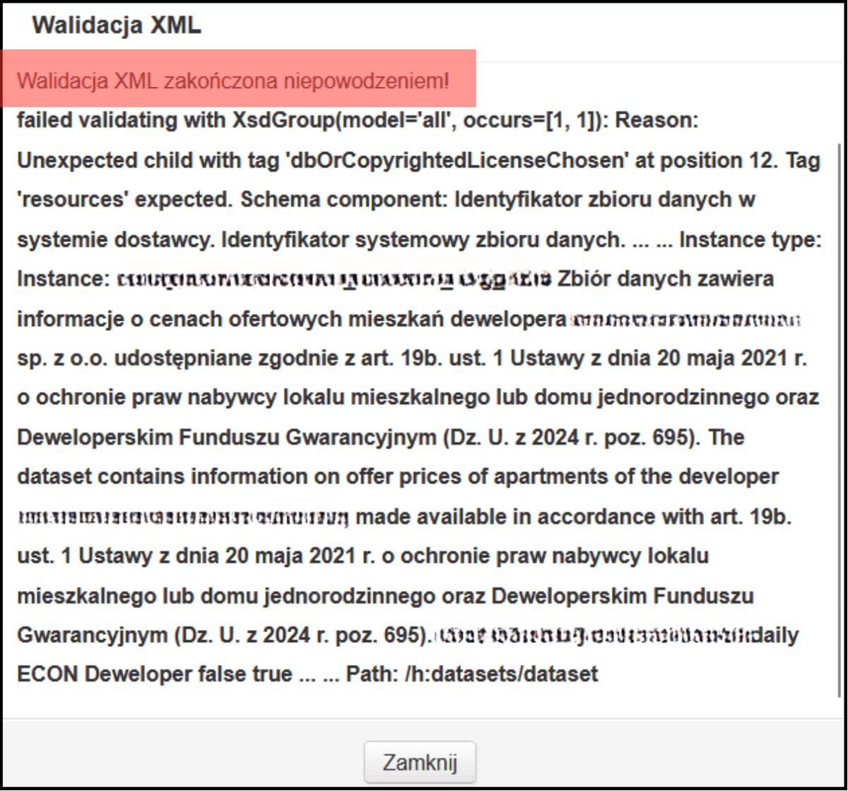 Komunikat błędu walidacji XML z Ministerstwa Cyfryzacji